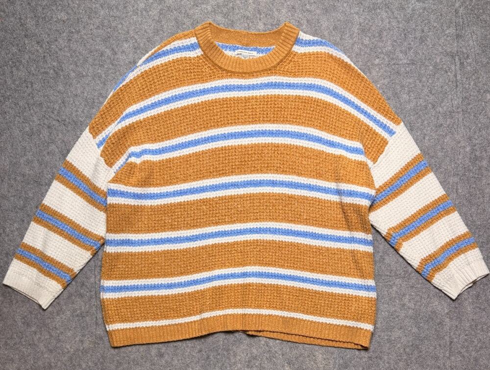 American Eagle Womens XXL Camel Blue Striped Chenille Waffle Oversized Sweater